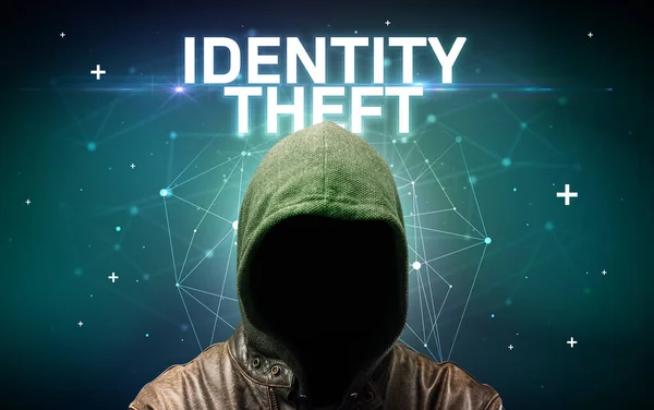 Mysteriöser Hacker Mit Identity Theft Inschrift Online Angriffskonzept Inschrift Online — Stockfoto
