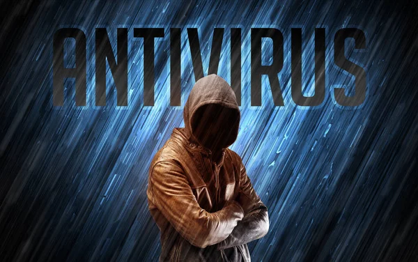 Mysterieuze Man Met Antivirus Inscriptie Online Beveiligingsconcept — Stockfoto