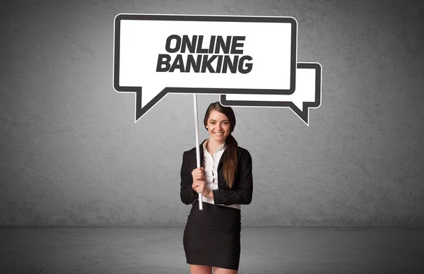 Young Business Person Casual Holding Road Sign Online Banking Inscription — Stock Photo, Image