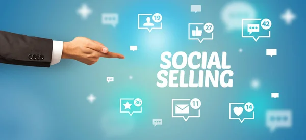 Close Mão Cortada Apontando Para Inscrição Selling Social Conceito Rede — Fotografia de Stock