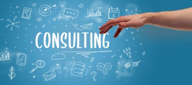 Kesilmiş ellerin yakın çekimi CONSULTING yazıt, modern iş çözümü kavramı