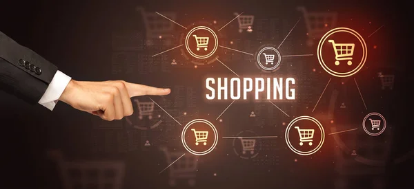 Close Cropped Hand Pointing Shopping Inscription Online Shopping Concept — Stock Photo, Image