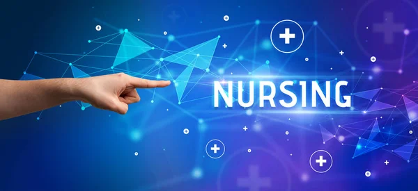 Nursing Feliratra Mutató Levágott Kéz Közelsége Orvosi Koncepció — Stock Fotó