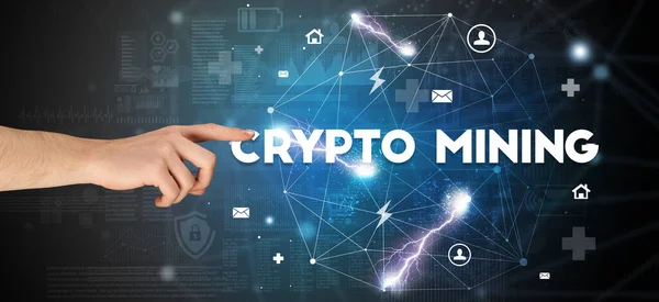 Hand Wijzen Crypto Mining Inscriptie Moderne Technologie Concept — Stockfoto