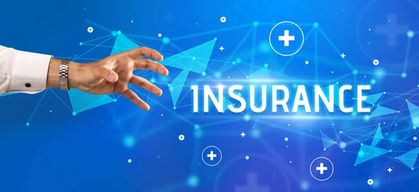 Närbild Beskuren Hand Pekar Insurance Inskription Medicinskt Koncept — Stockfoto