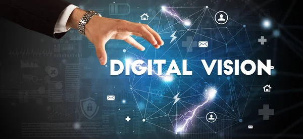 Hand pointing at DIGITAL VISION inscription, modern technology concept