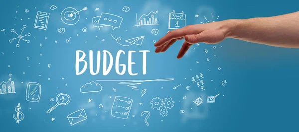 Primer Plano Mano Recortada Apuntando Inscripción Presupuesto Concepto Moderno Solución Imagen De Stock