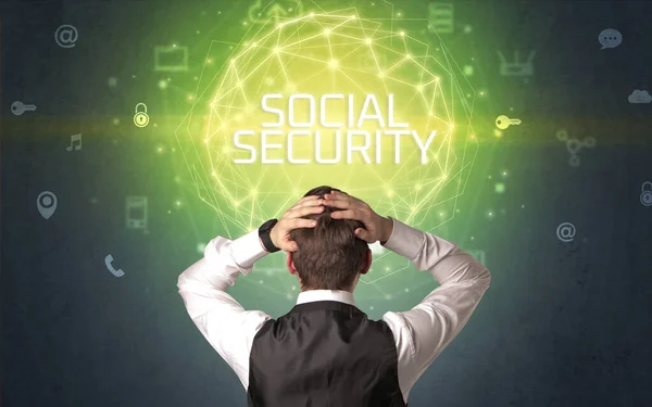 Οπίσθια Όψη Επιχειρηματία Επιγραφή Κοινωνικησ Ασφαλισησ Έννοια Της Online Ασφάλειας — Φωτογραφία Αρχείου