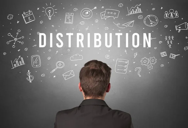 Achteraanzicht Van Een Zakenman Met Distribution Inscriptie Modern Business Concept — Stockfoto