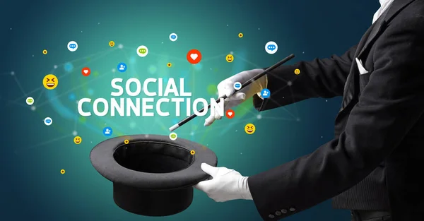 Varázsló Megmutatja Mágikus Trükk Társadalom Connection Felirat Szociális Média Marketing — Stock Fotó