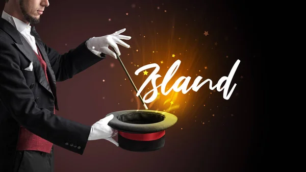Magician Showing Magic Trick Island Inscription Traveling Concept — Stock Photo, Image