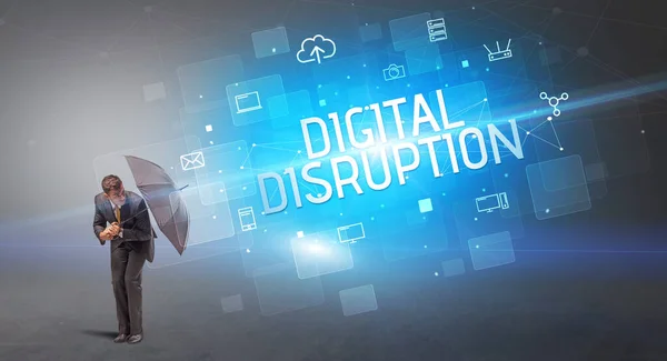 Affärsman Som Försvarar Med Paraply Från Cyberattack Och Digital Disruption — Stockfoto