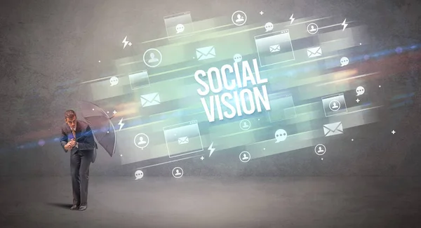 Jóképű Üzletember Védekezik Esernyővel Társadalom Vision Feliratból Kor Média Koncepció — Stock Fotó