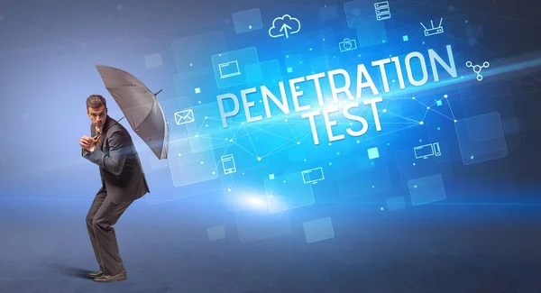 Affärsman Försvara Med Paraply Från Cyberattack Och Penetration Test Inskription — Stockfoto