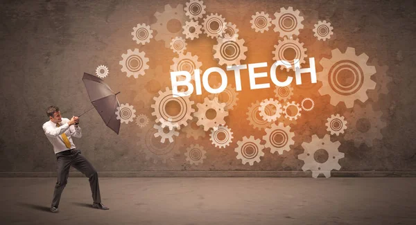 Empresário Defendendo Com Guarda Chuva Inscrição Biotech Conceito Tecnologia — Fotografia de Stock