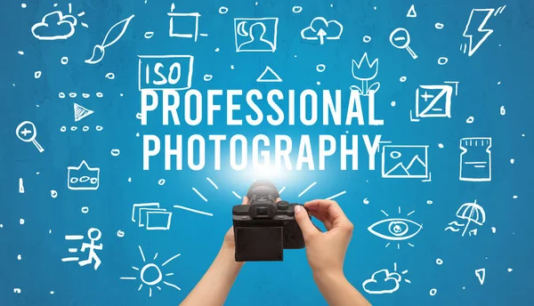 Ruční Fotografování Digitálním Fotoaparátem Profesionální Fotografie Nápis Koncepce Nastavení Fotoaparátu — Stock fotografie