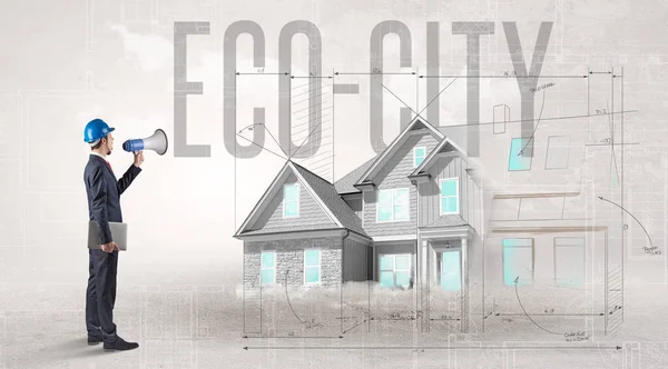 Jonge Ingenieur Met Blauwdruk Met Eco City Inscriptie Huisplanningsconcept — Stockfoto