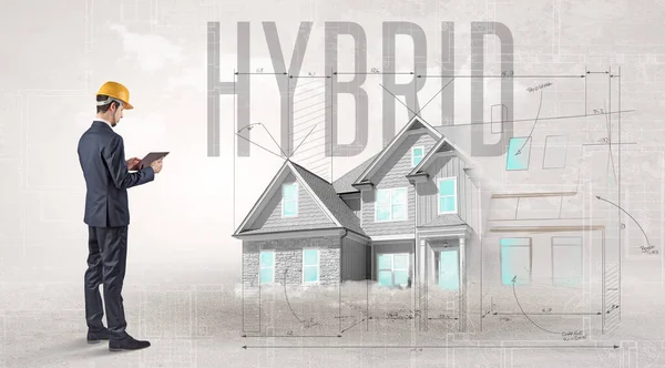 Jonge Ingenieur Met Blauwdruk Met Hybrid Inscriptie Huisplanningsconcept — Stockfoto