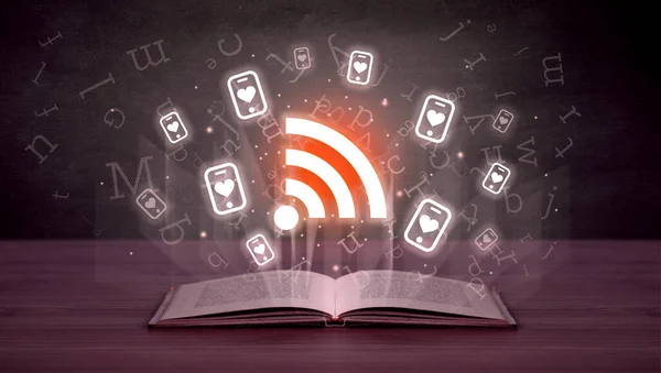 Libro Abierto Con Iconos Wifi Arriba Concepto Redes Sociales —  Fotos de Stock
