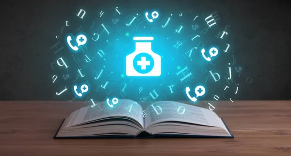 Otwarta Książka Medyczna Ikonami Leków Powyżej Globalna Koncepcja Zdrowia — Zdjęcie stockowe