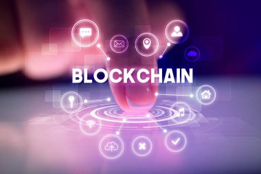 Web teknolojisi simgeleri ve Blockchain yazıt, web teknolojisi kavramı ile parmak dokunma tablet