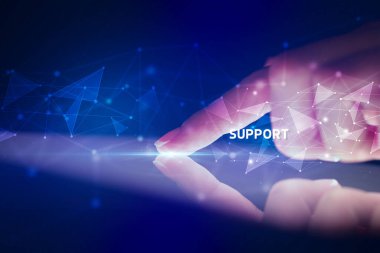 Parmak dokundurma tableti. Yazılı, iş konsepti.