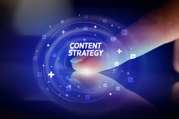 Vinger Aanraken Tablet Met Social Media Iconen Content Strategie — Stockfoto
