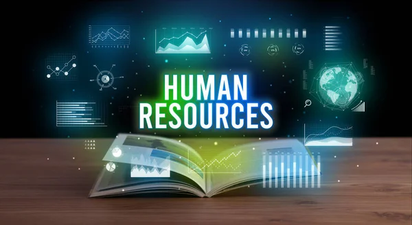 HUMAN RESOURCES inscription coming out from an open book, creative business concept