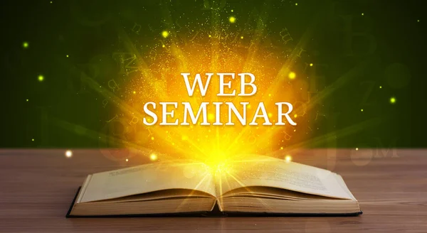 Web Seminar Inscriptie Afkomstig Uit Een Open Boek Educatief Concept — Stockfoto
