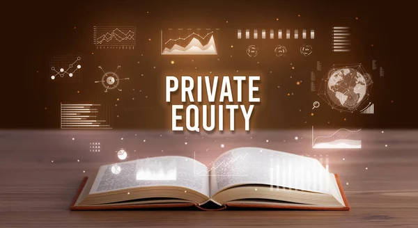 Private Equity Felirat Jön Egy Nyitott Könyv Kreatív Üzleti Koncepció — Stock Fotó