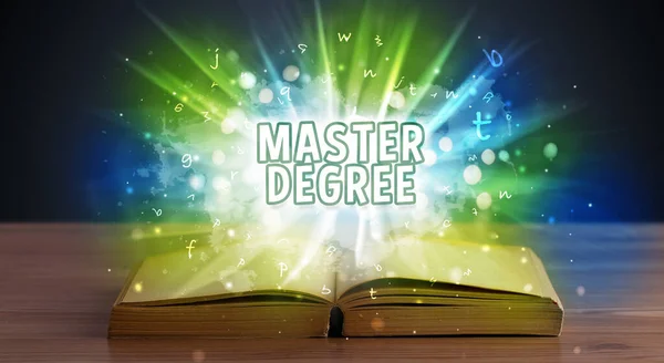 Master Degree Inscripción Que Sale Libro Abierto Concepto Educativo — Foto de Stock