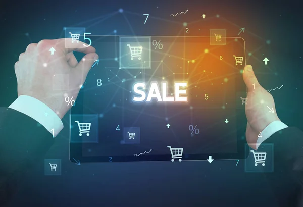 Detailní Záběr Ruky Držící Tablet Nápisem Prodej Koncept Online Nakupování — Stock fotografie