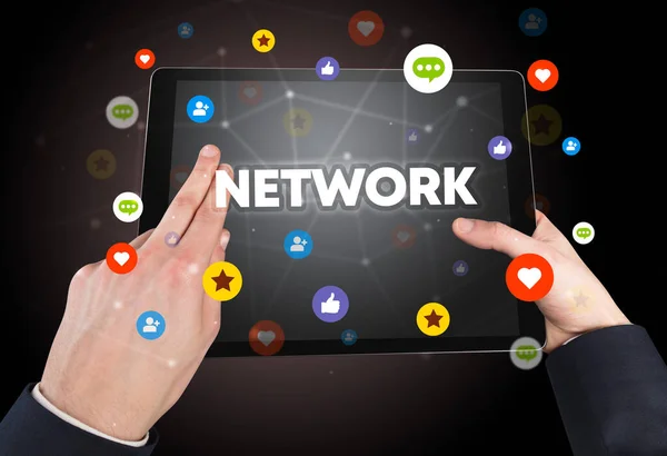 Крупним Планом Сенсорний Екран Написом Network Концепція Соціальних Мереж — стокове фото