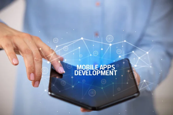 Businessman Holding Foldable Smartphone Mobile Apps Development Inscription New Technology — Stock Photo, Image