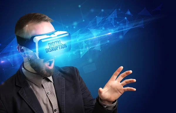 Affärsman Tittar Igenom Virtual Reality Glasögon Med Digital Disruption Inskription — Stockfoto