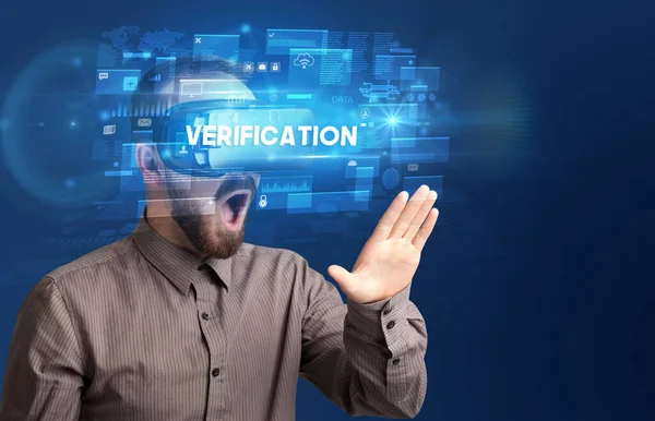 Businessman Looking Virtual Reality Glasses Verification Inscription Innovative Security Concept — Stockfoto