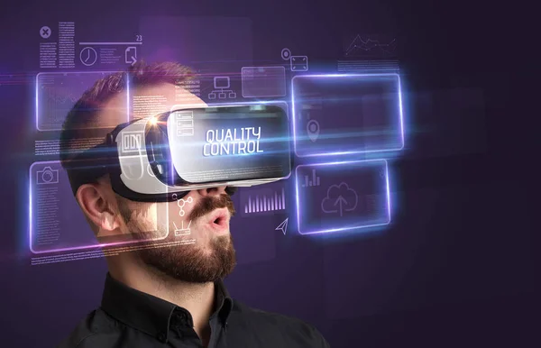 Businessman Looking Virtual Reality Glasses Quality Control Inscription New Technology — Stock Photo, Image