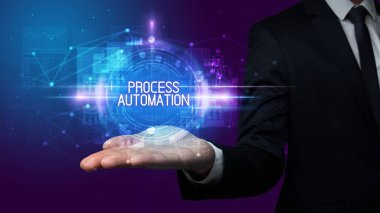 İnsan eli ele tutuşan Prosedürler AUTOMATION yazıtları, teknoloji kavramı