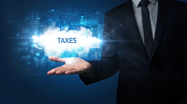 Taxes Felirattal Rendelkező Üzletember Keze Sikeres Üzleti Koncepció — Stock Fotó