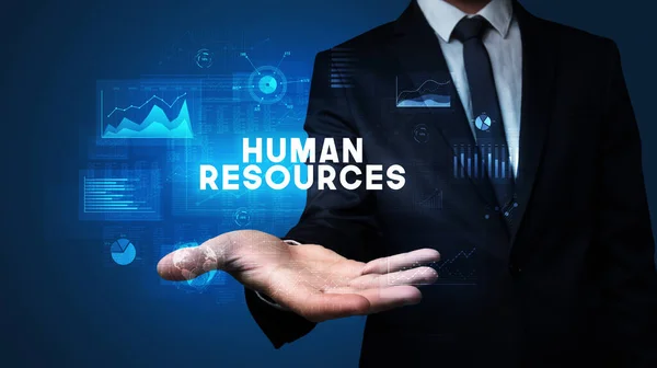 Dłoń Biznesmena Napisem Human Resources Koncepcja Sukcesu Biznesowego — Zdjęcie stockowe