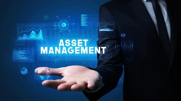 Hand Businessman Holding Asset Management Felirat Üzleti Siker Koncepció — Stock Fotó