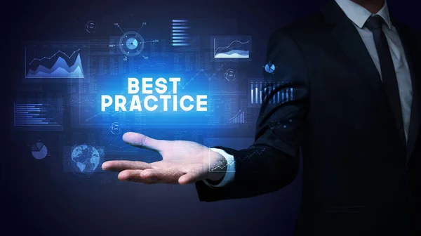 Hand Businessman Met Inscriptie Best Practice Business Success Concept — Stockfoto
