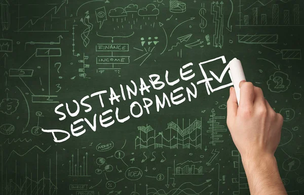 Handritning Hållbar Utveckling Inskription Med Vit Krita Svarta Tavlan Affärsidé — Stockfoto