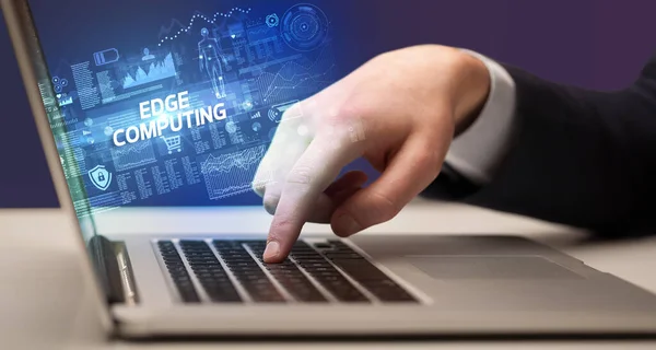 Businessman Working Laptop Edge Computing Inscription Cyber Technology Concept — Stock Photo, Image