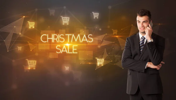 Zakenman Met Winkelwagentjes Iconen Christmas Sale Inscriptie Online Shopping Concept — Stockfoto