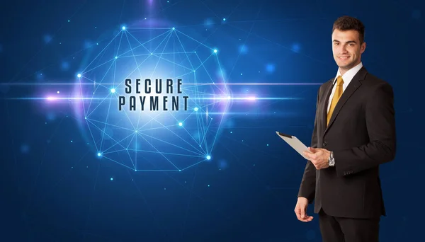 Бизнесмен Думает Решениях Области Безопасности Надписью Secure Payment — стоковое фото