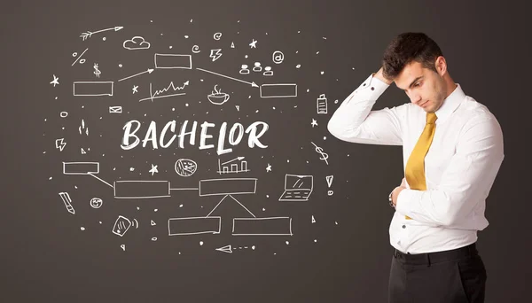 Empresário Pensando Com Inscrição Bachelor Conceito Educação Empresarial — Fotografia de Stock