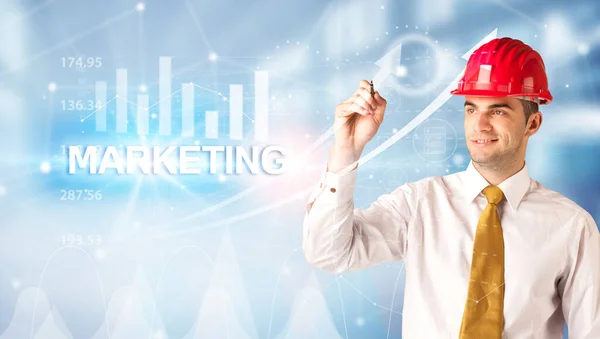 Fiatal Üzletember Sisak Rajz Marketing Felirat Modern Üzleti Technológia Koncepció — Stock Fotó