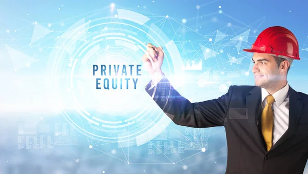 Przystojny Biznesmen Kaskiem Rysunek Private Equity Napis Koncepcja Biznesu Contruction — Zdjęcie stockowe