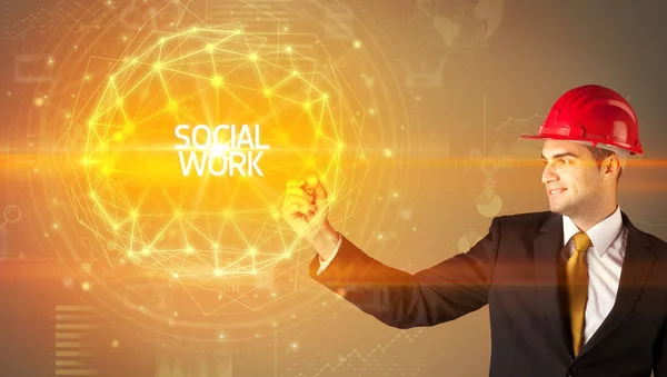 Όμορφος Επιχειρηματίας Κράνος Σχέδιο Κοινωνικη Εργασια Επιγραφή Έννοια Της Κοινωνικής — Φωτογραφία Αρχείου